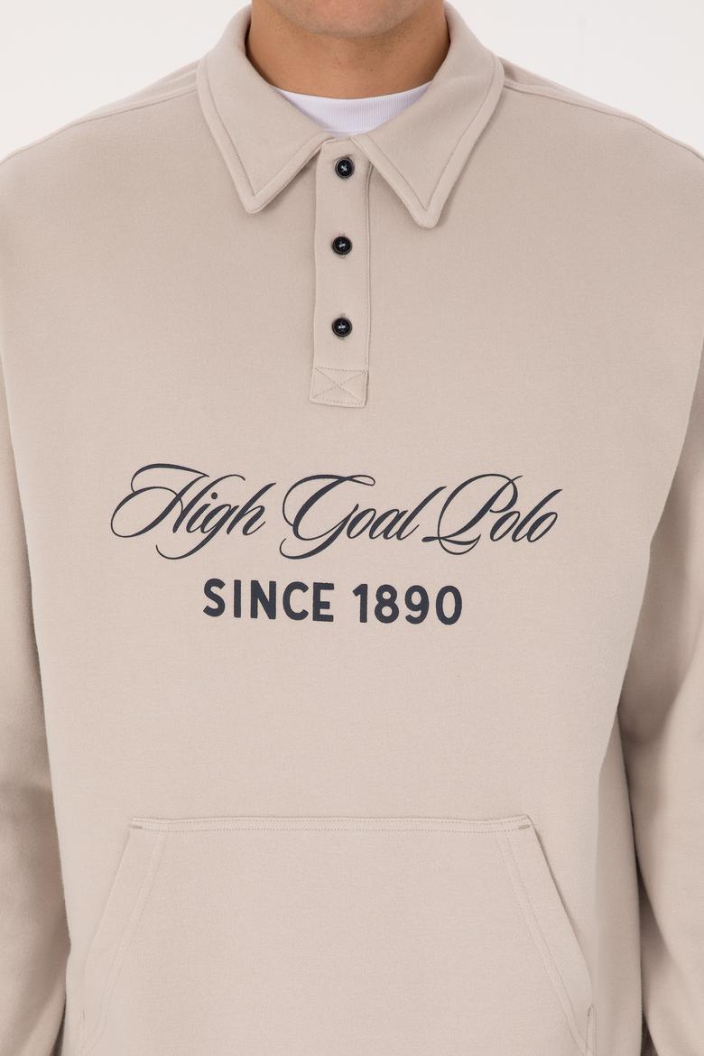 Erkek Oversize Fit Polo Yaka Taş Sweatshirt - 50308942018