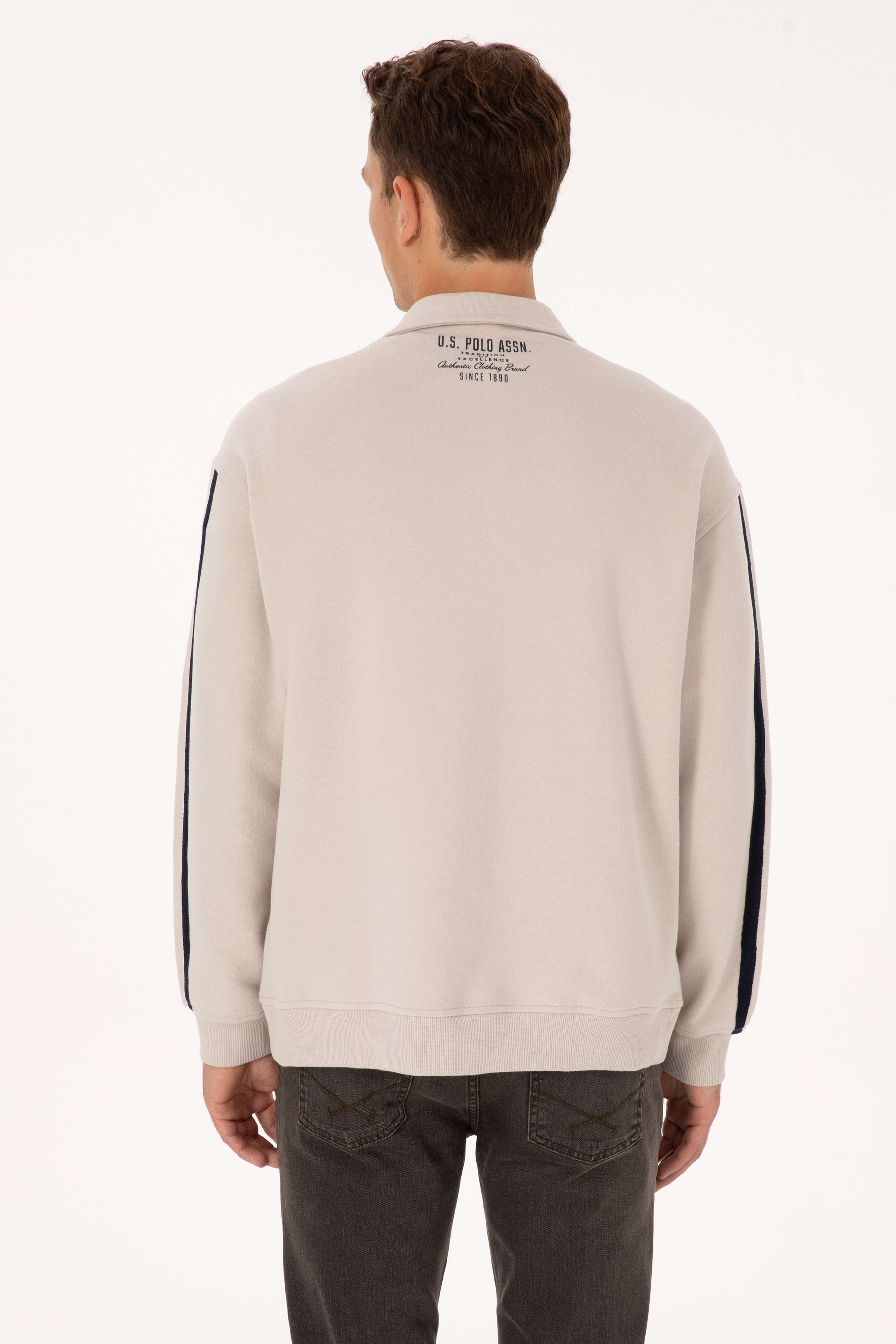 Erkek Oversize Fit Polo Yaka Taş Sweatshirt - Image 5