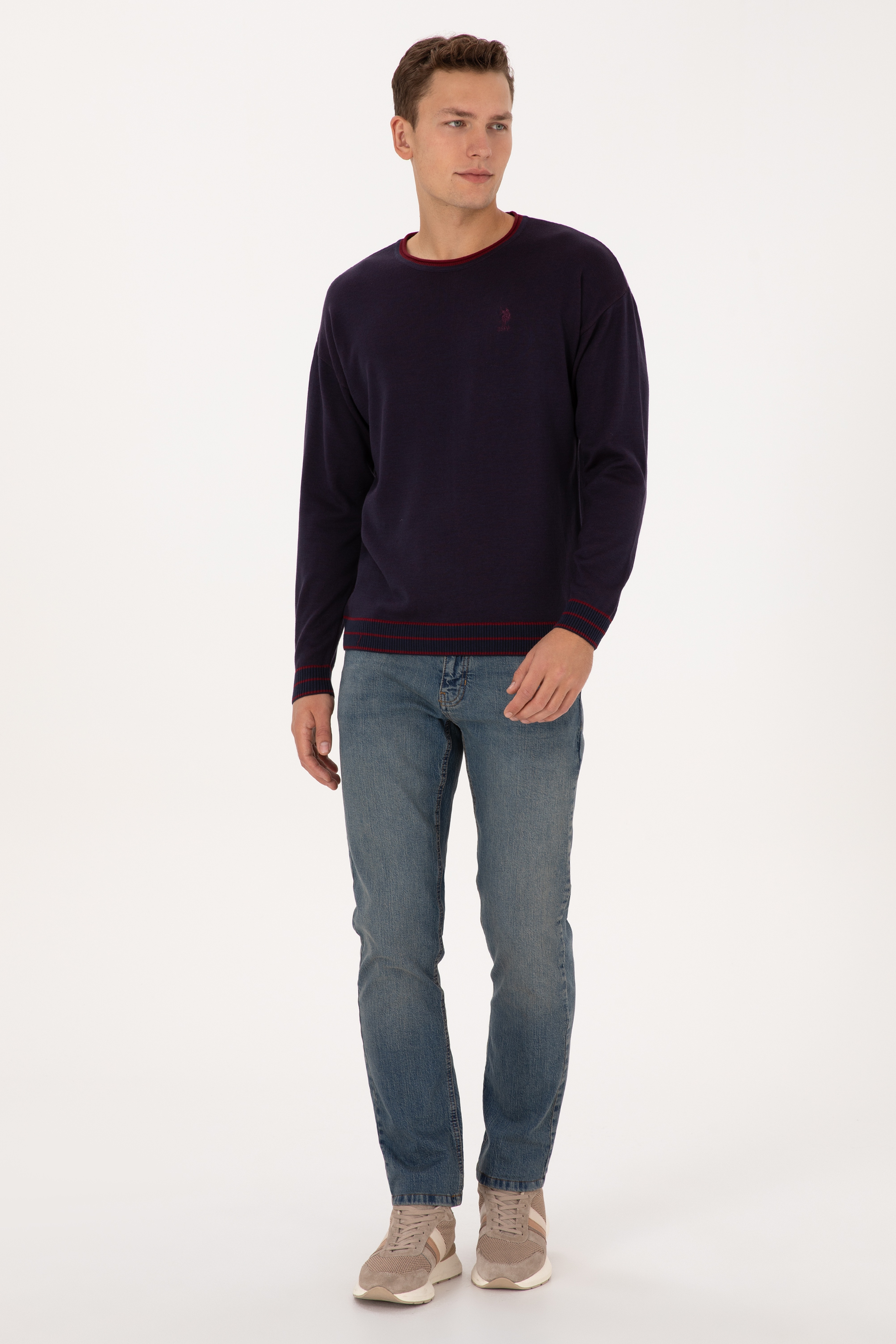Erkek Comfort Fit Yaka Detaylı Lacivert Kazak - Image 4