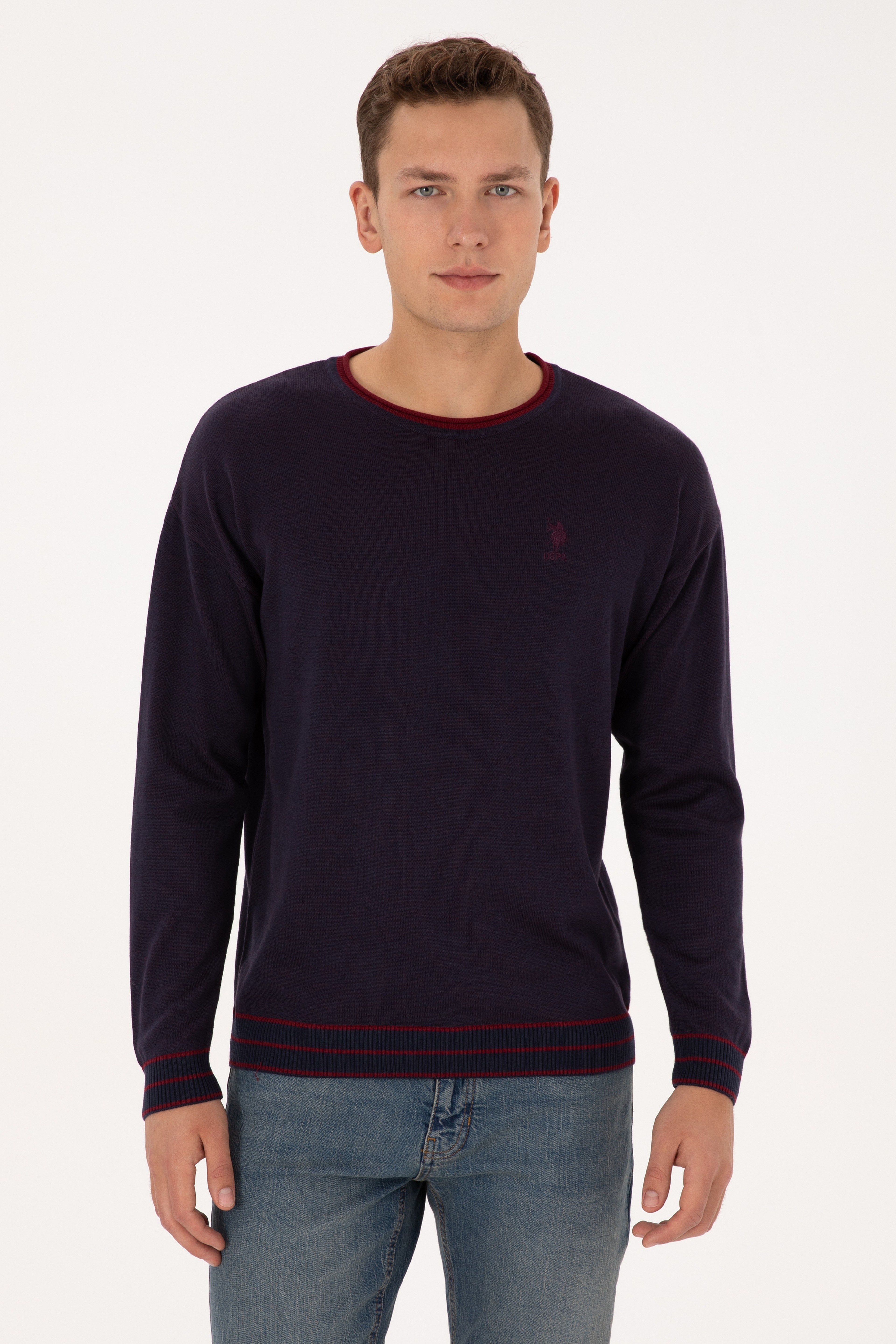 Erkek Comfort Fit Yaka Detaylı Lacivert Kazak - Image 1