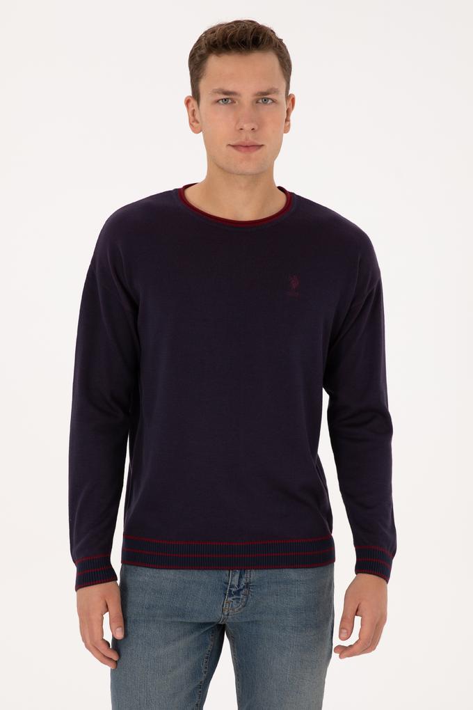 Erkek Comfort Fit Yaka Detaylı Lacivert Kazak