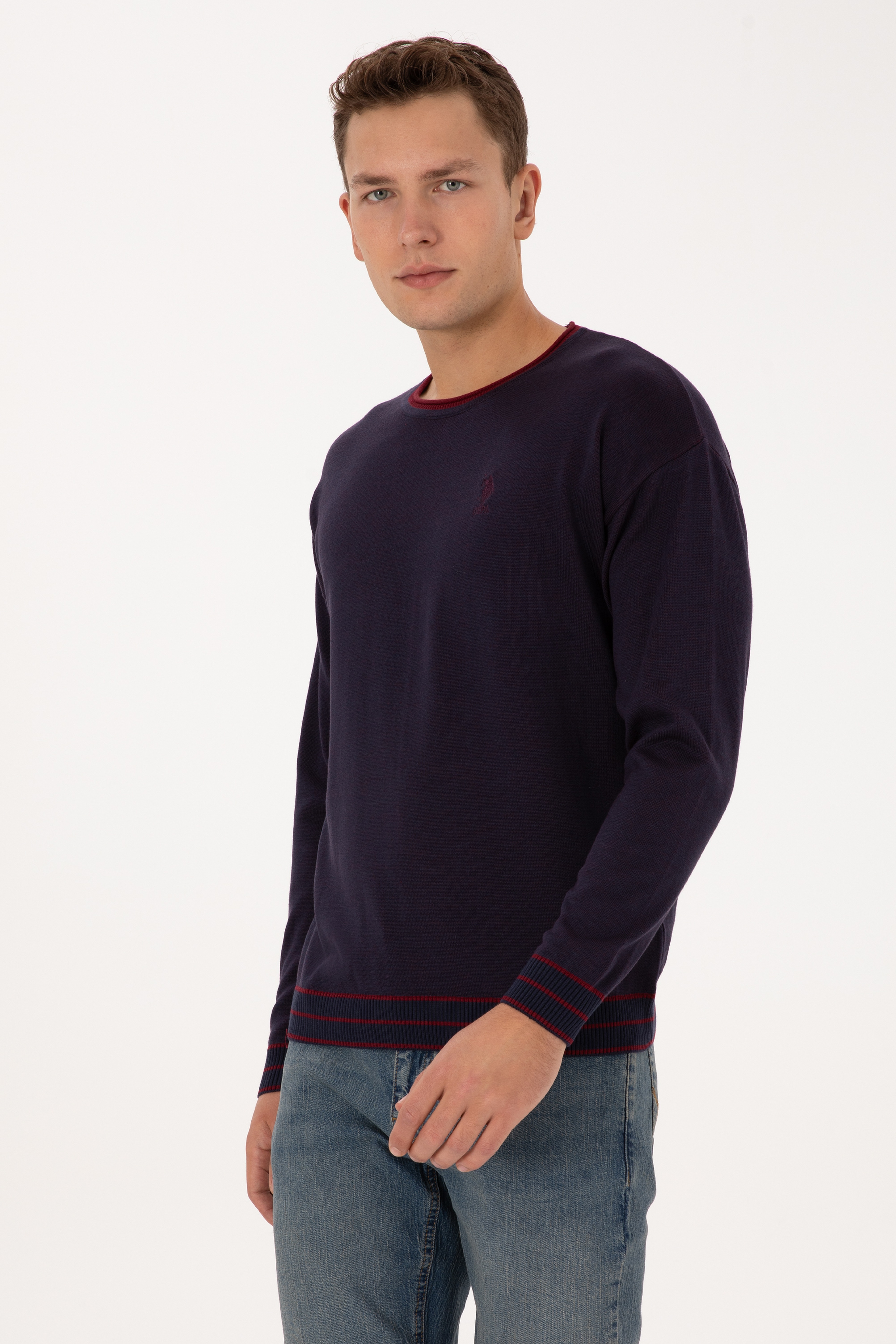 Erkek Comfort Fit Yaka Detaylı Lacivert Kazak