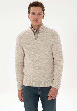 Erkek Regular Fit Yarım Fermuarlı Desenli Taş Kazak - 50315035023