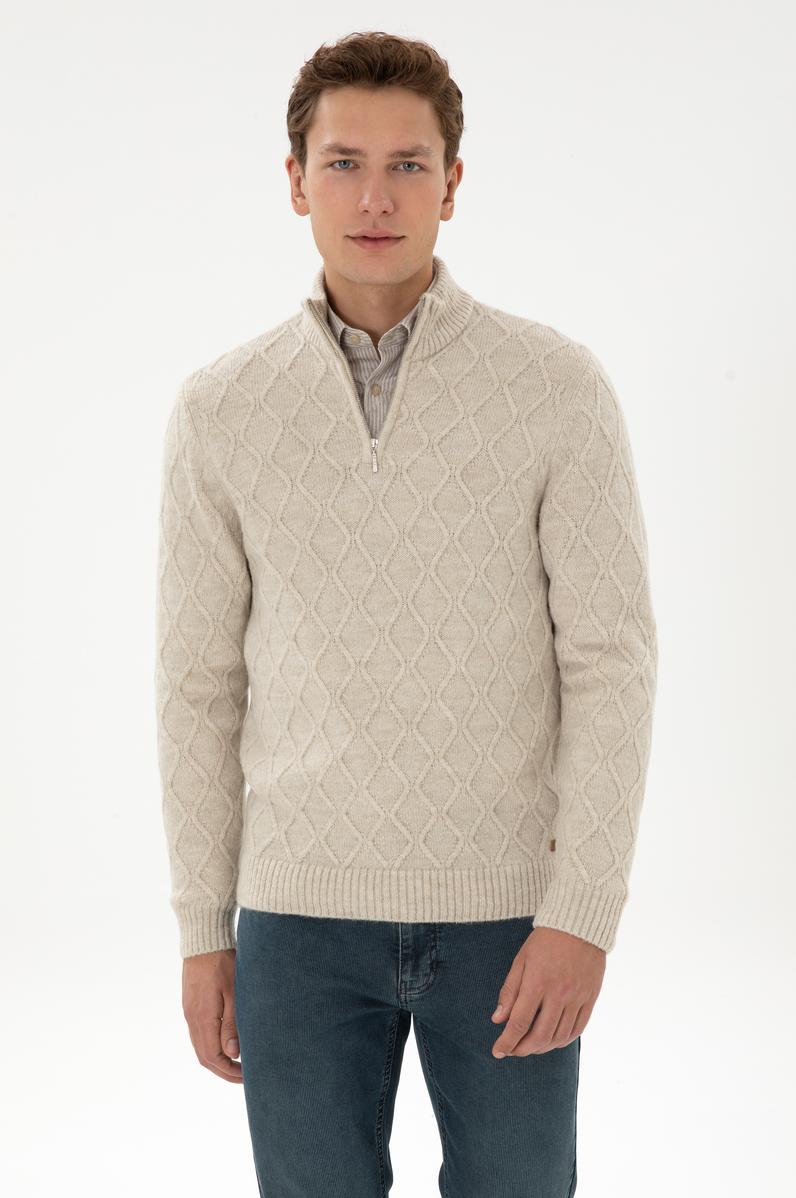 Erkek Regular Fit Yarım Fermuarlı Desenli Taş Kazak