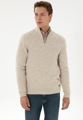 Erkek Regular Fit Yarım Fermuarlı Desenli Taş Kazak - 50315035023