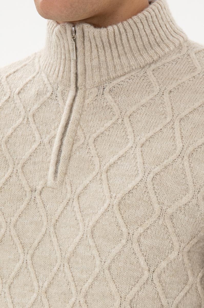 Erkek Regular Fit Yarım Fermuarlı Desenli Taş Kazak