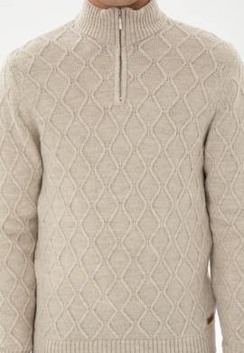 Erkek Regular Fit Yarım Fermuarlı Desenli Taş Kazak - 50315035023