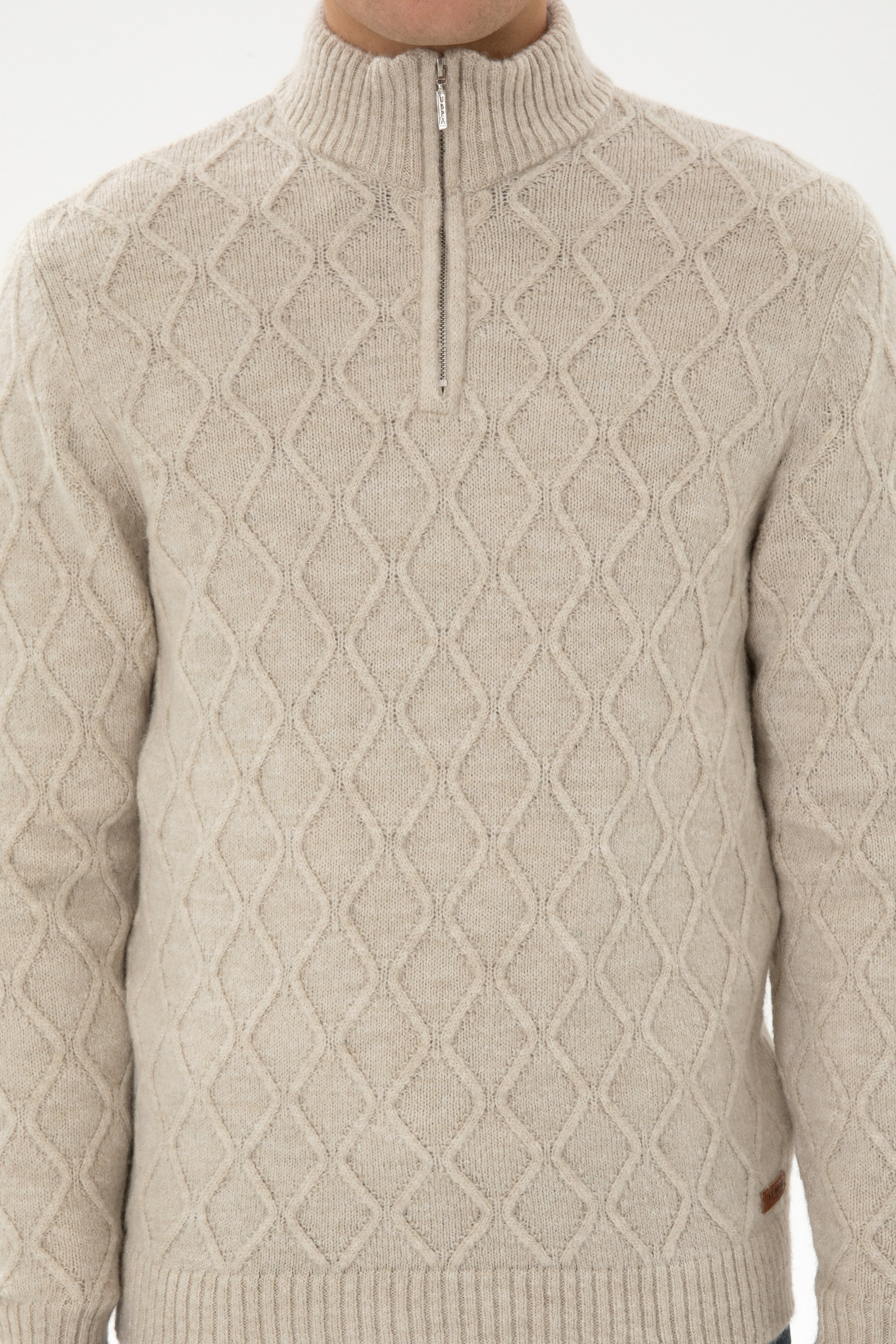 Erkek Regular Fit Yarım Fermuarlı Desenli Taş Kazak - Image 6