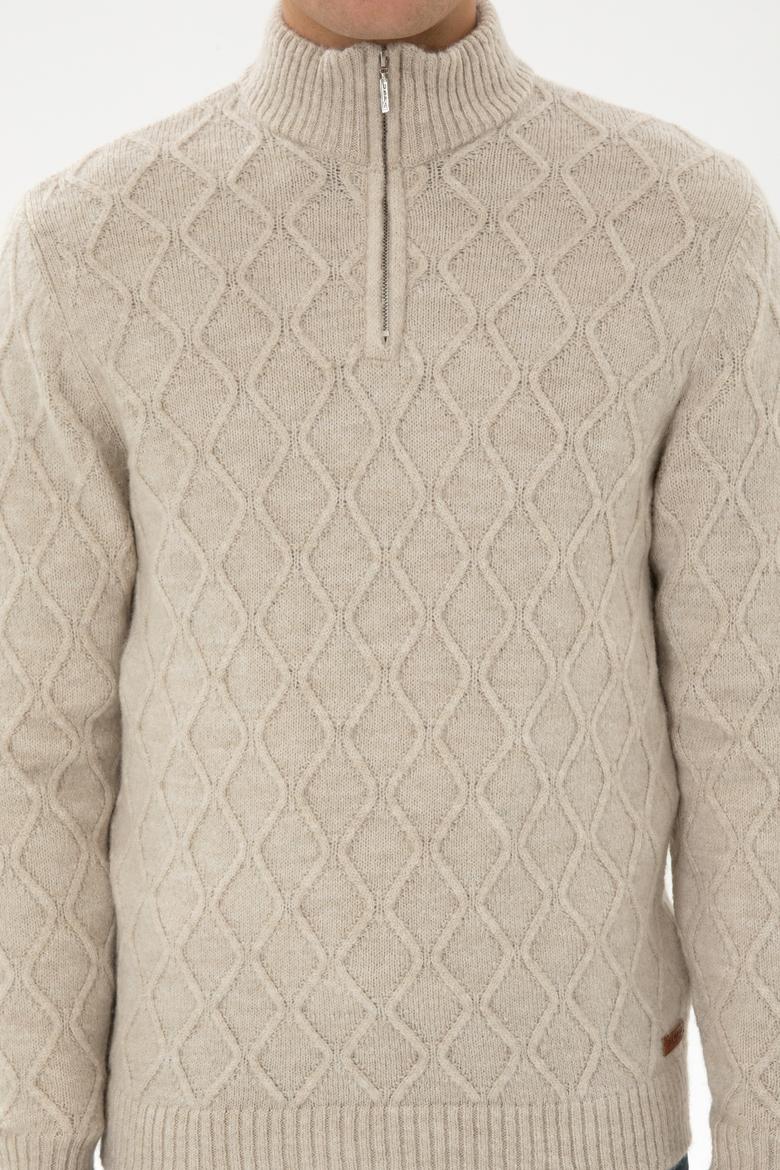 Erkek Regular Fit Yarım Fermuarlı Desenli Taş Kazak - 50315035023