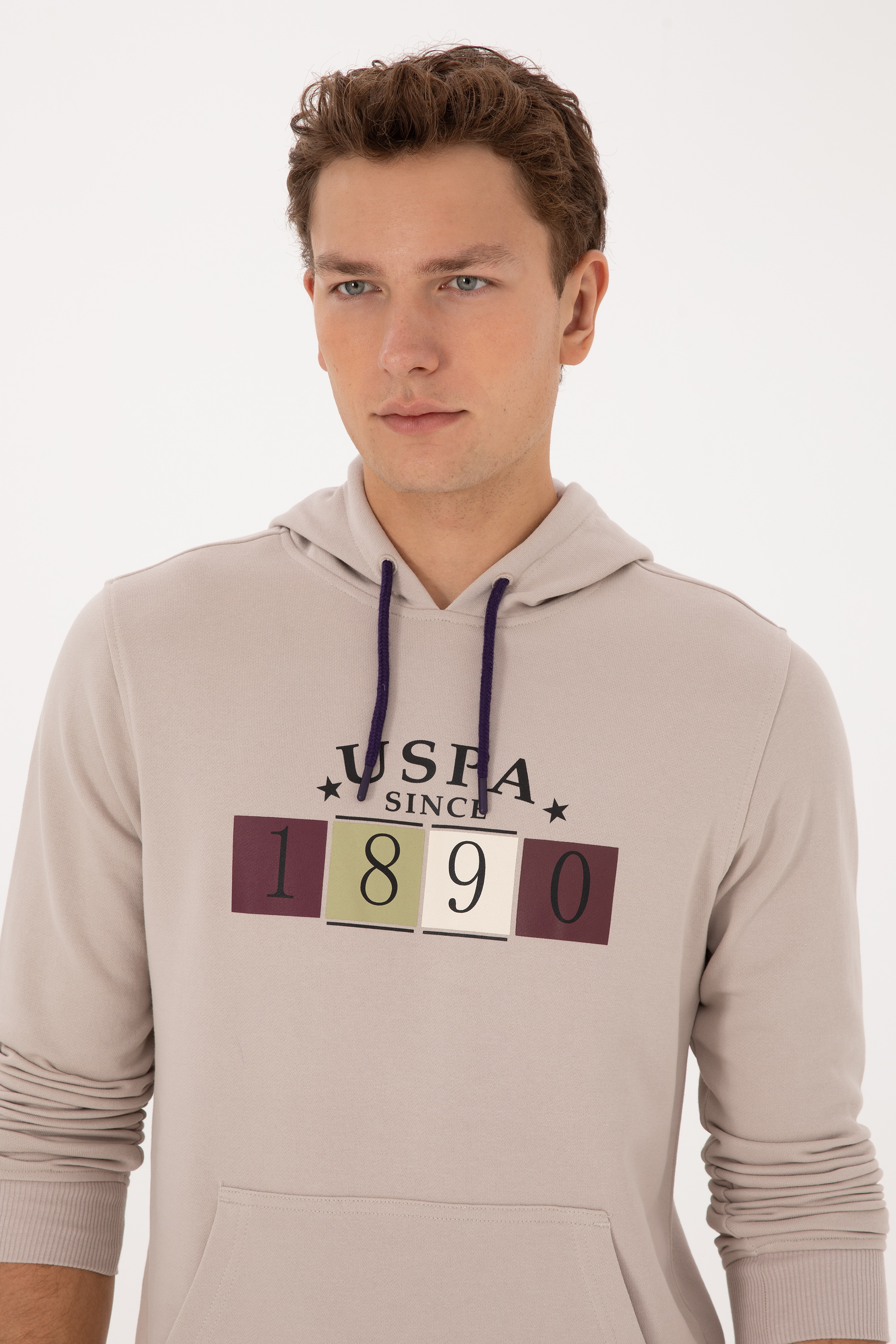 Erkek Regular Fit Kapüşonlu Taş Sweatshirt - Image 2