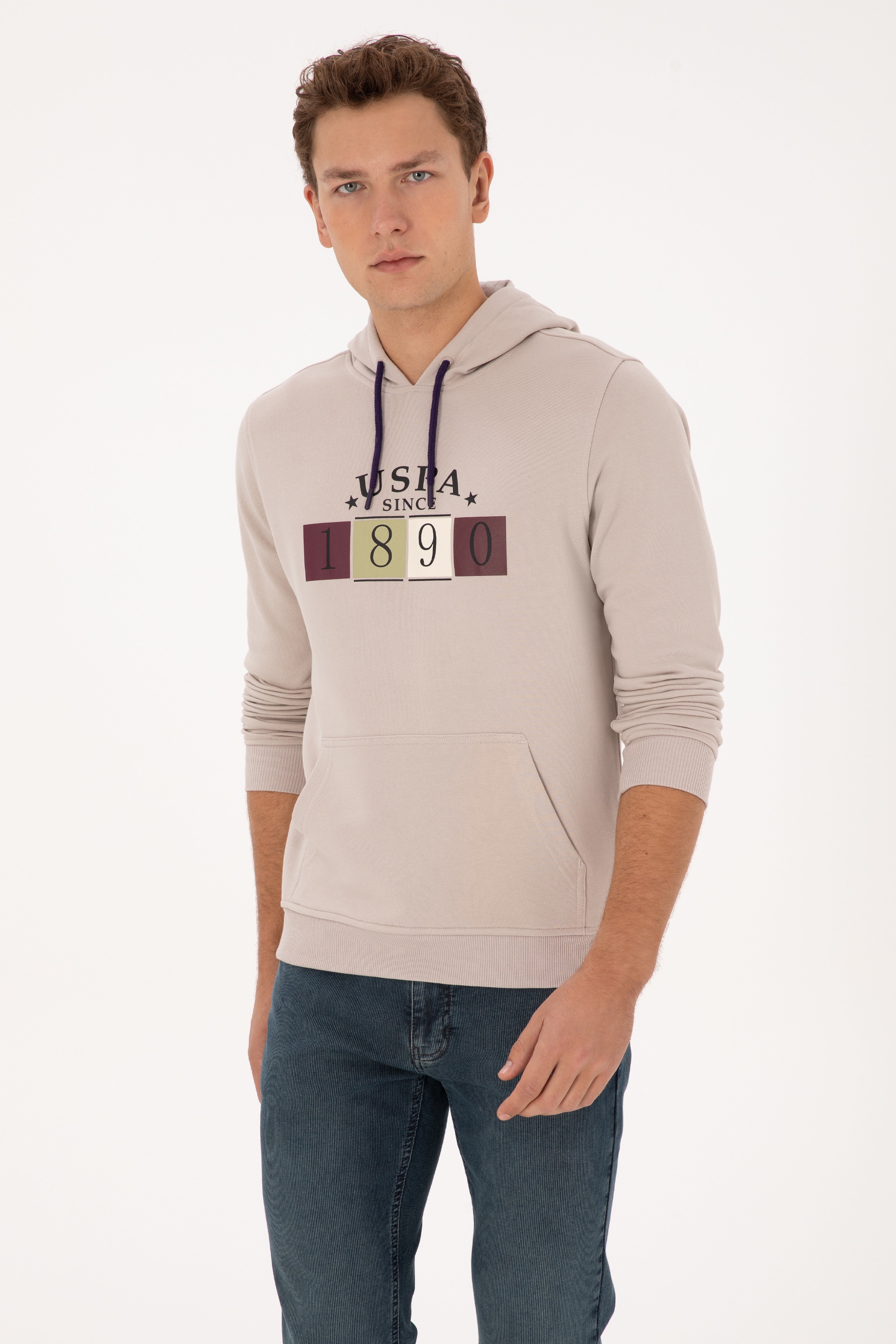 Erkek Regular Fit Kapüşonlu Taş Sweatshirt - Image 1