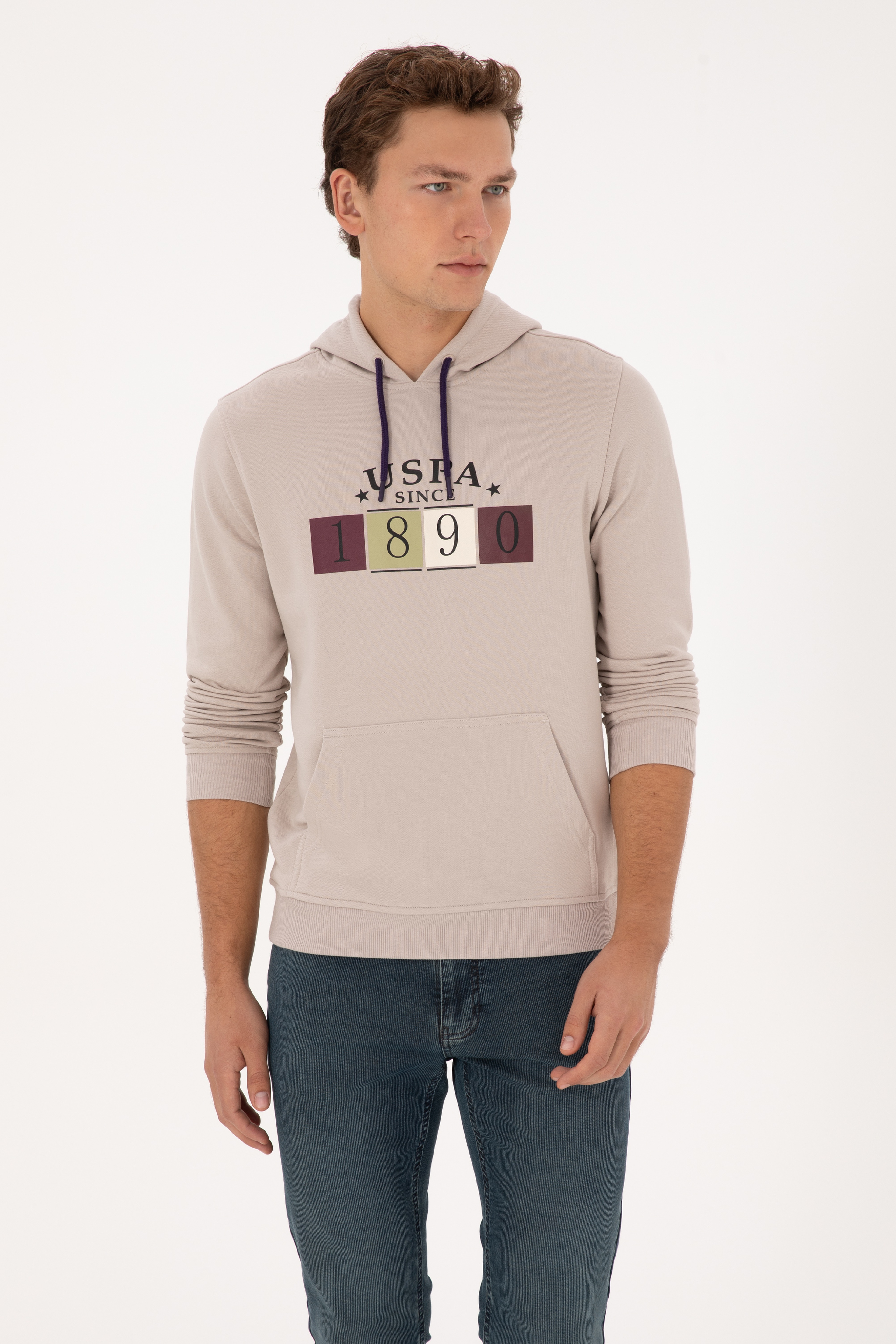 Erkek Regular Fit Kapüşonlu Taş Sweatshirt - Image 3