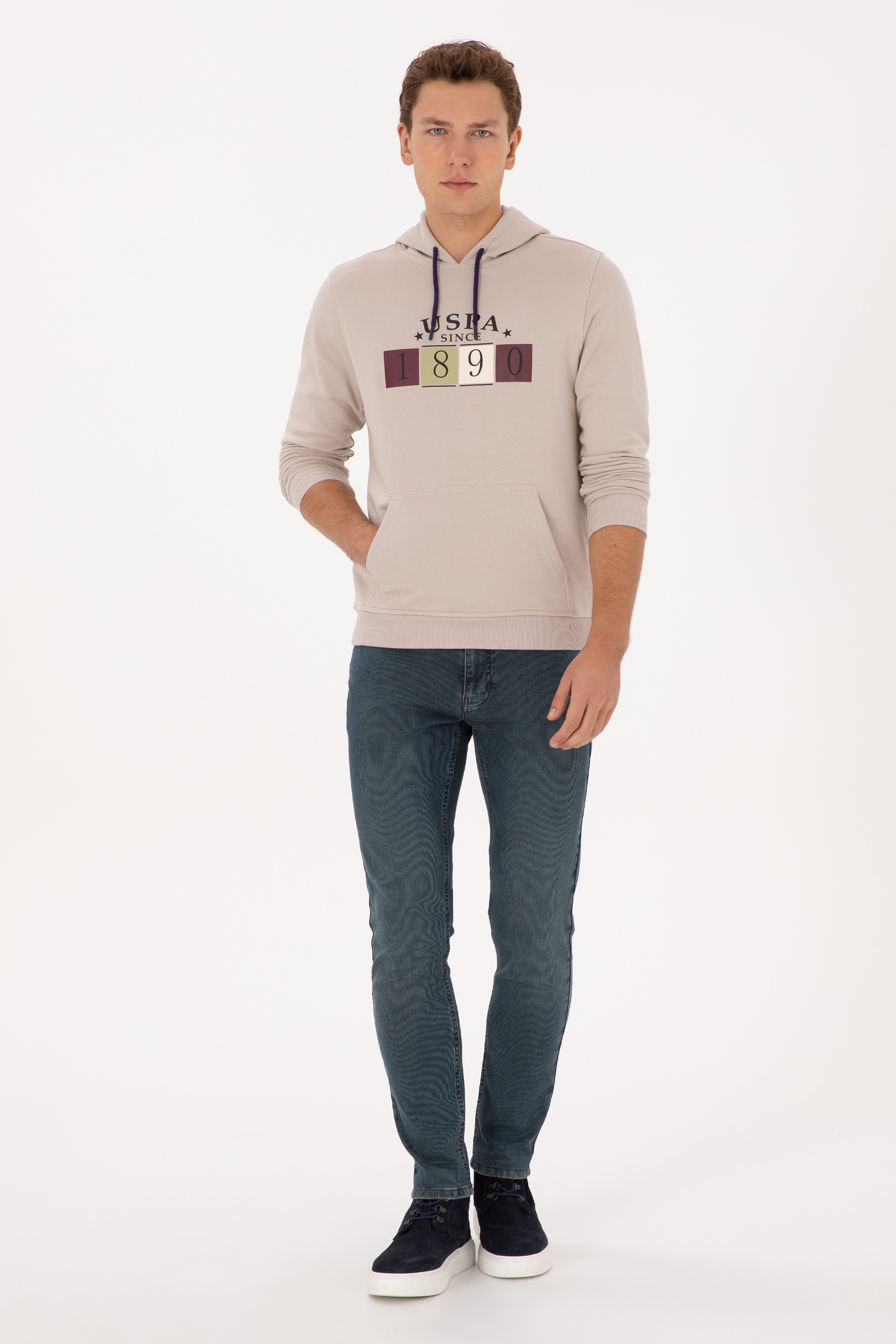Erkek Regular Fit Kapüşonlu Taş Sweatshirt