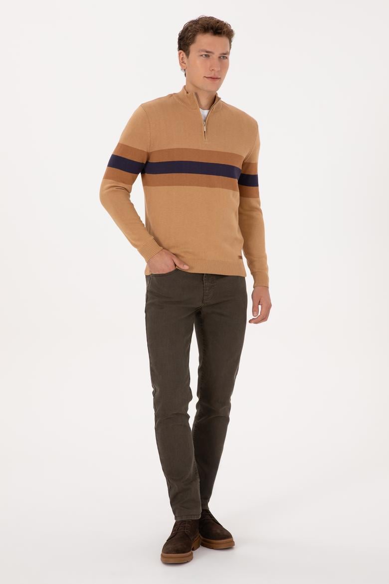 Erkek Regular Fit Yarım Fermuarlı Camel Kazak - 50315034024