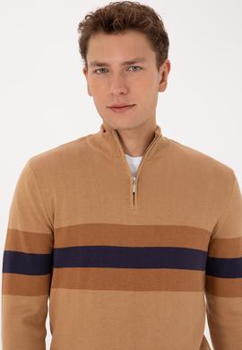 Erkek Regular Fit Yarım Fermuarlı Camel Kazak - 50315034024