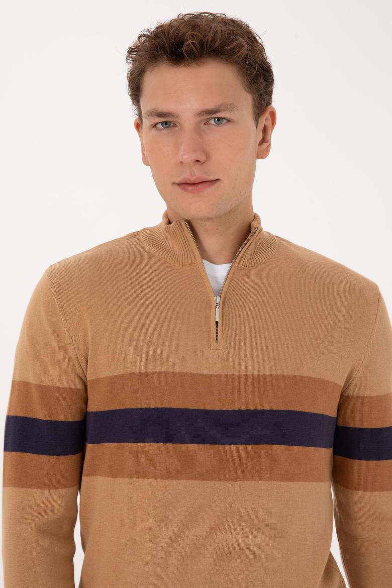 Erkek Regular Fit Yarım Fermuarlı Camel Kazak - 50315034024