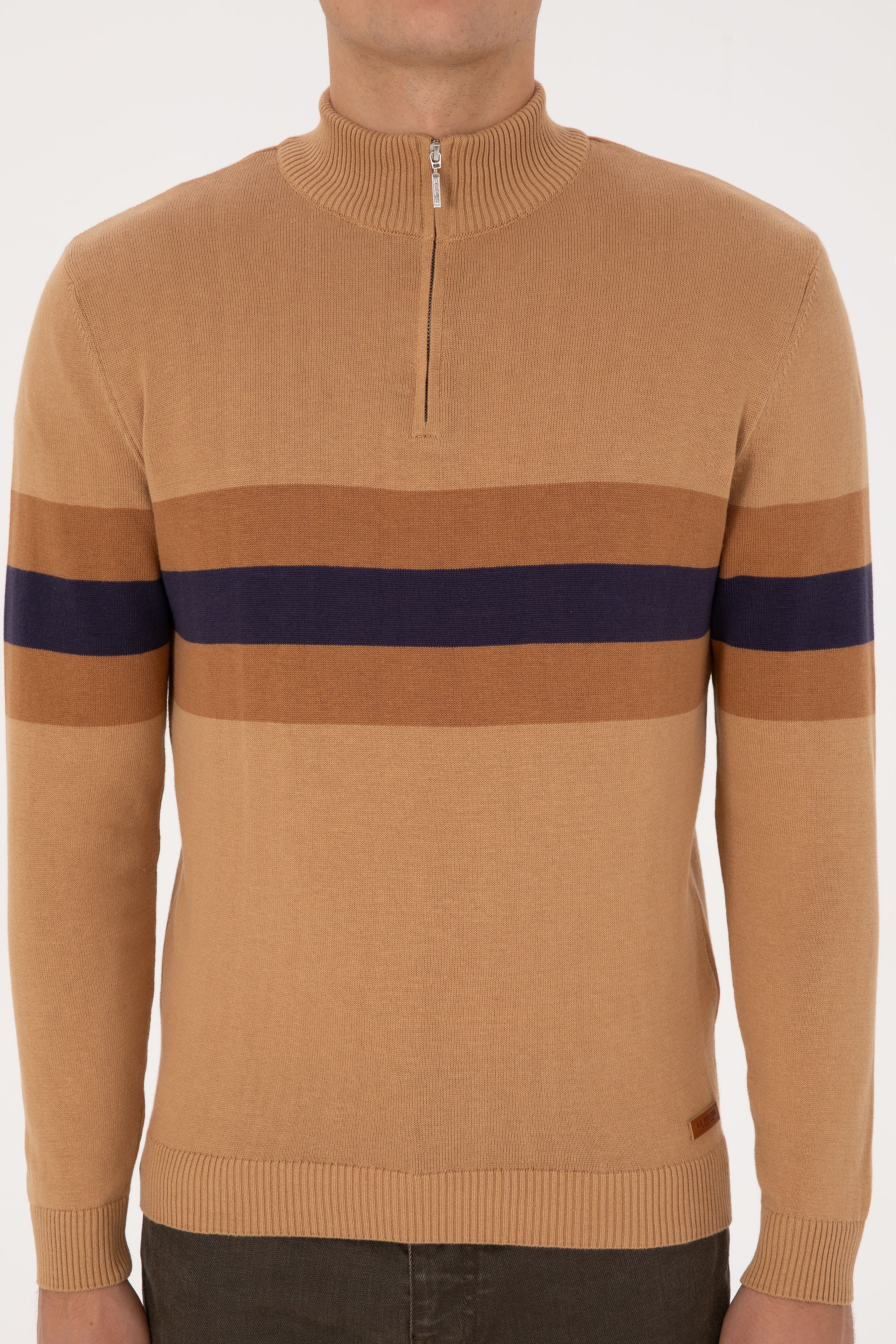 Erkek Regular Fit Yarım Fermuarlı Camel Kazak