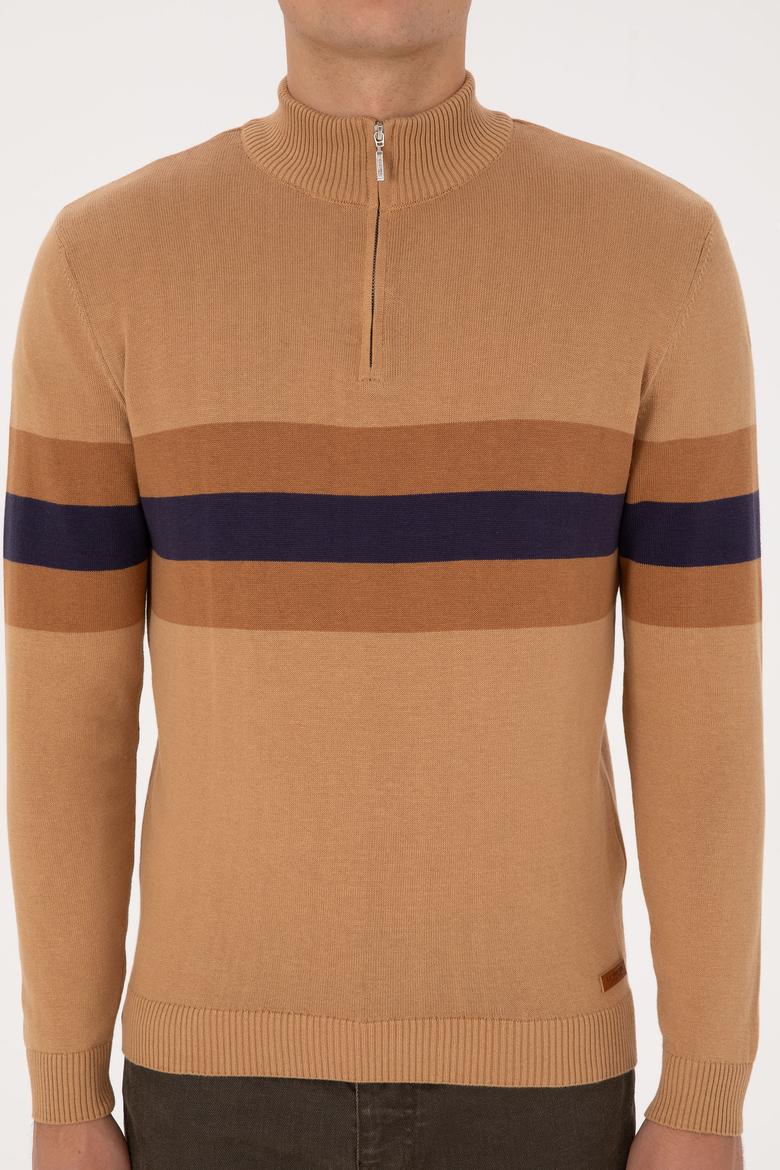 Erkek Regular Fit Yarım Fermuarlı Camel Kazak - 50315034024