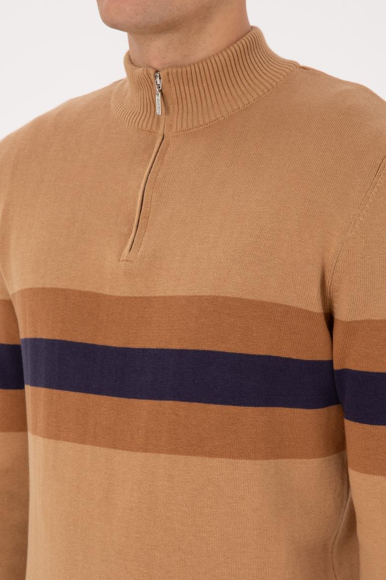 Erkek Regular Fit Yarım Fermuarlı Camel Kazak - 50315034024