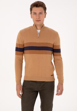 Erkek Regular Fit Yarım Fermuarlı Camel Kazak - 50315034024