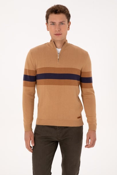 Erkek Regular Fit Yarım Fermuarlı Camel Kazak