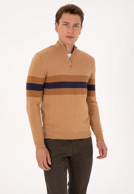 Erkek Regular Fit Yarım Fermuarlı Camel Kazak - 50315034024