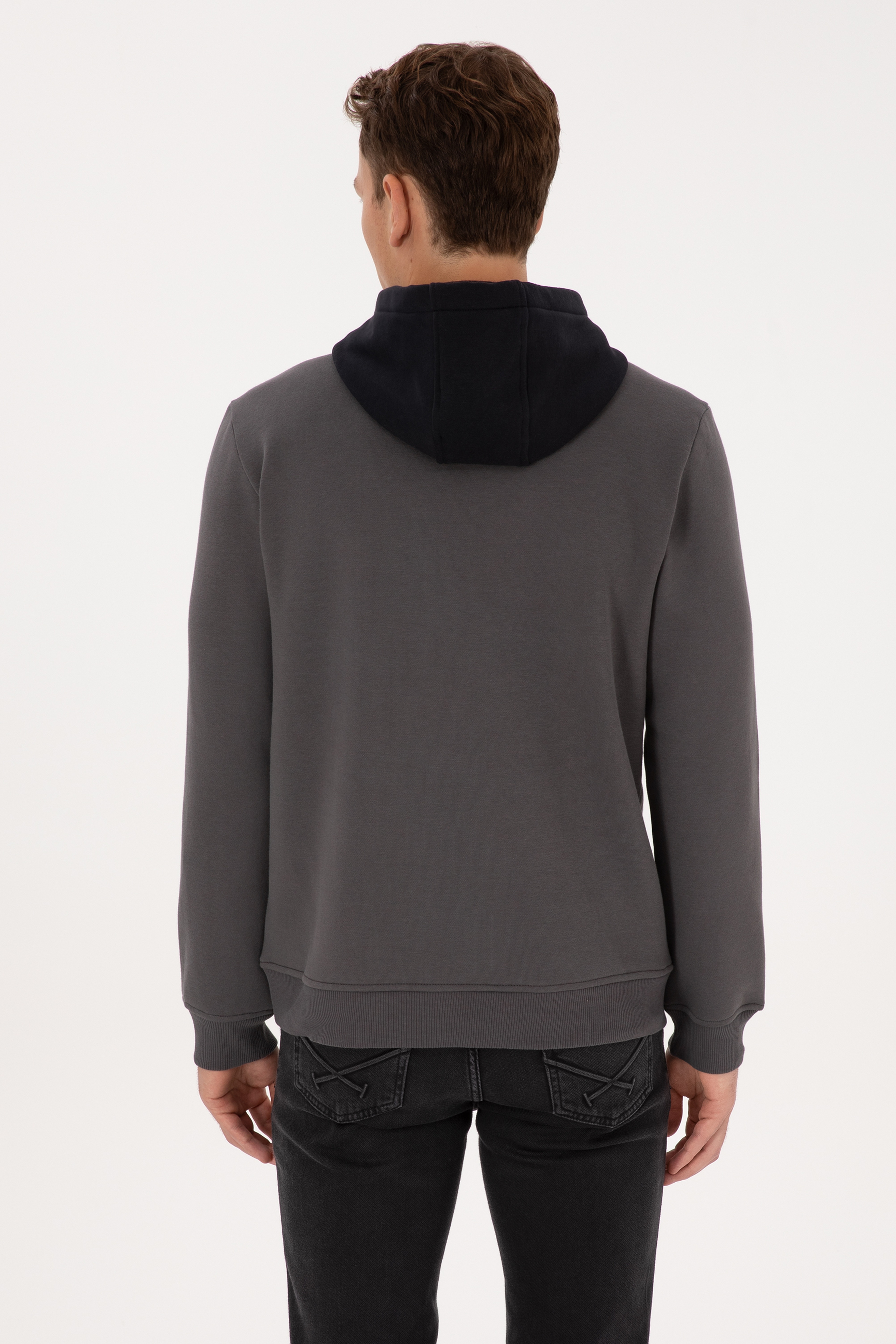 Erkek Regular Fit Kapüşonlu Şardonlu Gri Sweatshirt - Image 5