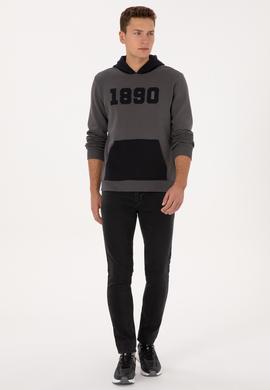 Erkek Regular Fit Kapüşonlu Şardonlu Gri Sweatshirt - 50316359081