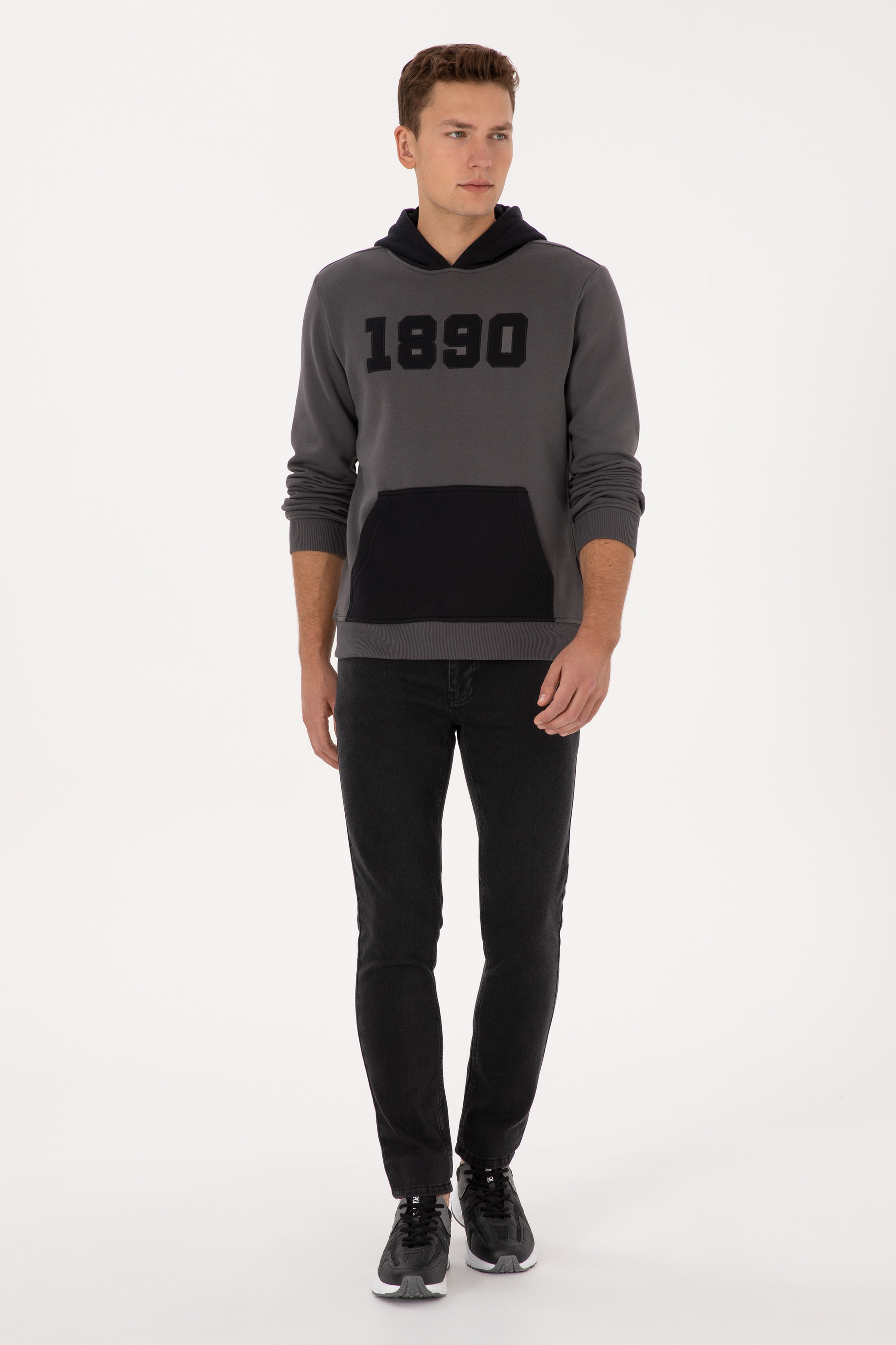 Erkek Regular Fit Kapüşonlu Şardonlu Gri Sweatshirt