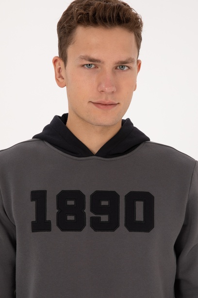 Erkek Regular Fit Kapüşonlu Şardonlu Gri Sweatshirt