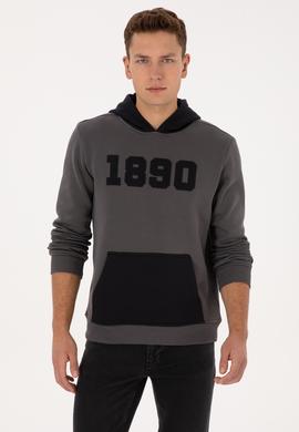 Erkek Regular Fit Kapüşonlu Şardonlu Gri Sweatshirt - 50316359081