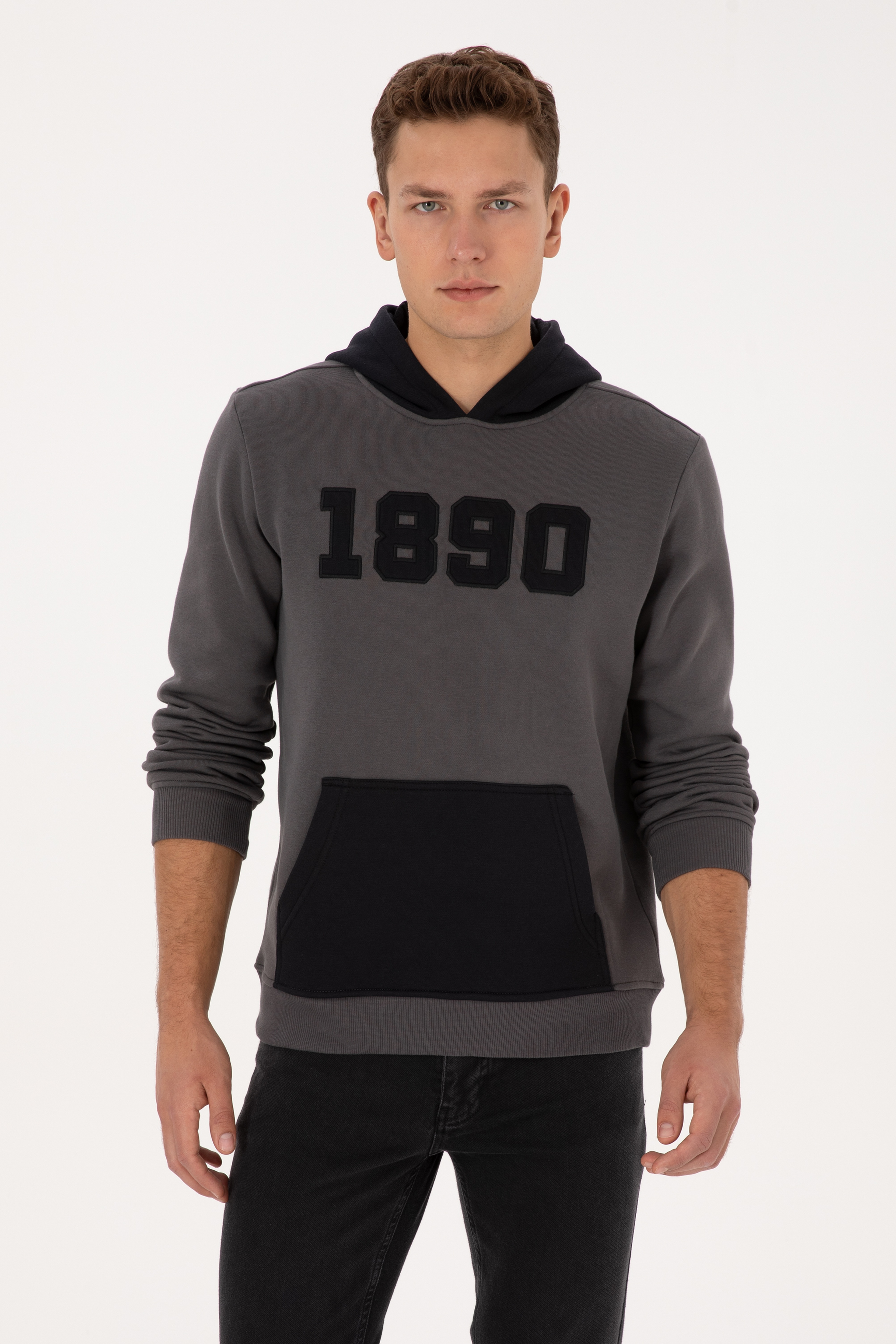 Erkek Regular Fit Kapüşonlu Şardonlu Gri Sweatshirt - Image 1