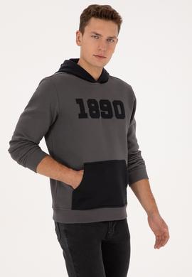 Erkek Regular Fit Kapüşonlu Şardonlu Gri Sweatshirt - 50316359081