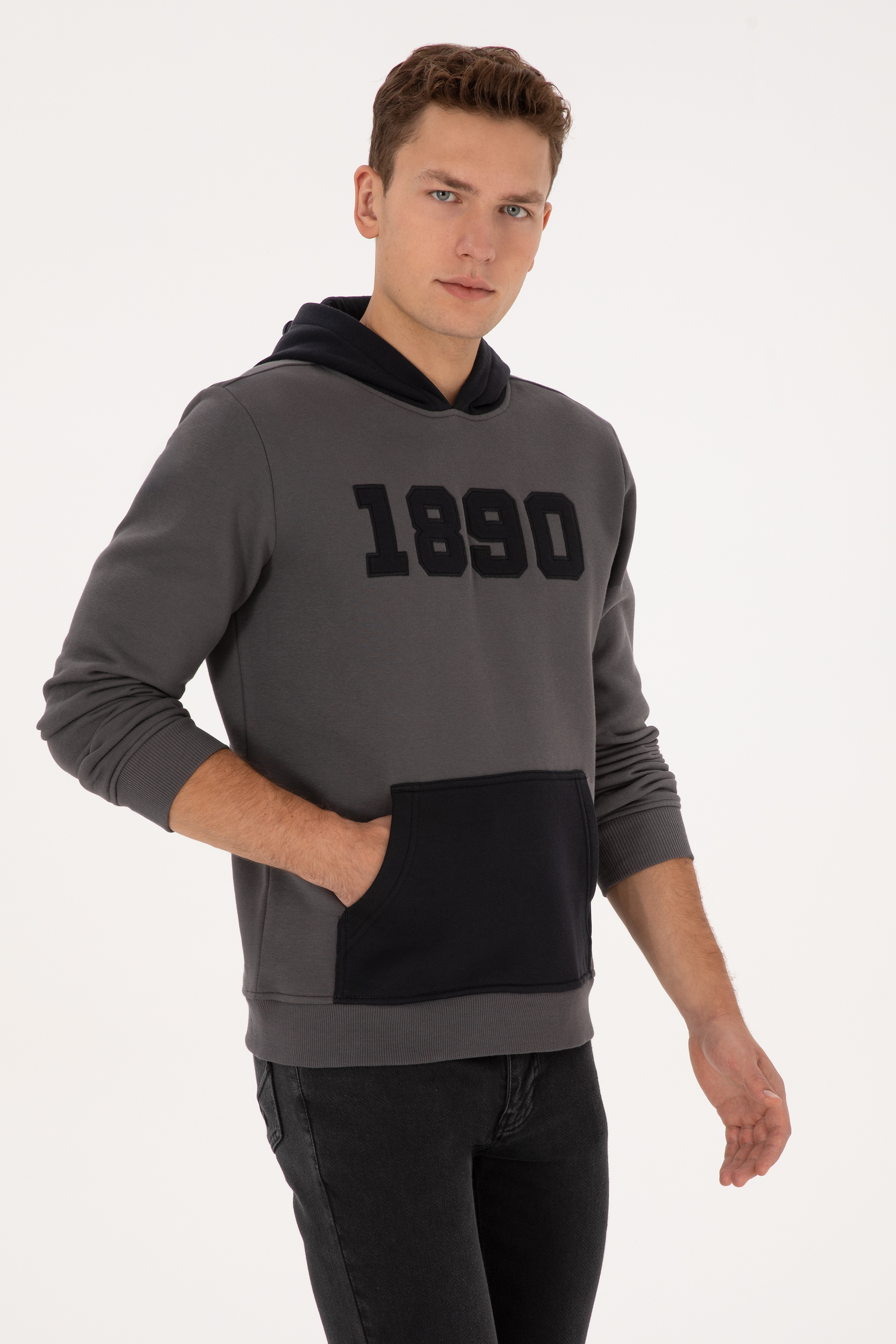 Erkek Regular Fit Kapüşonlu Şardonlu Gri Sweatshirt