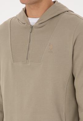 Erkek Regular Fit Yarım Fermuarlı Kapüşonlu Açık Haki Sweatshirt - 50316391016