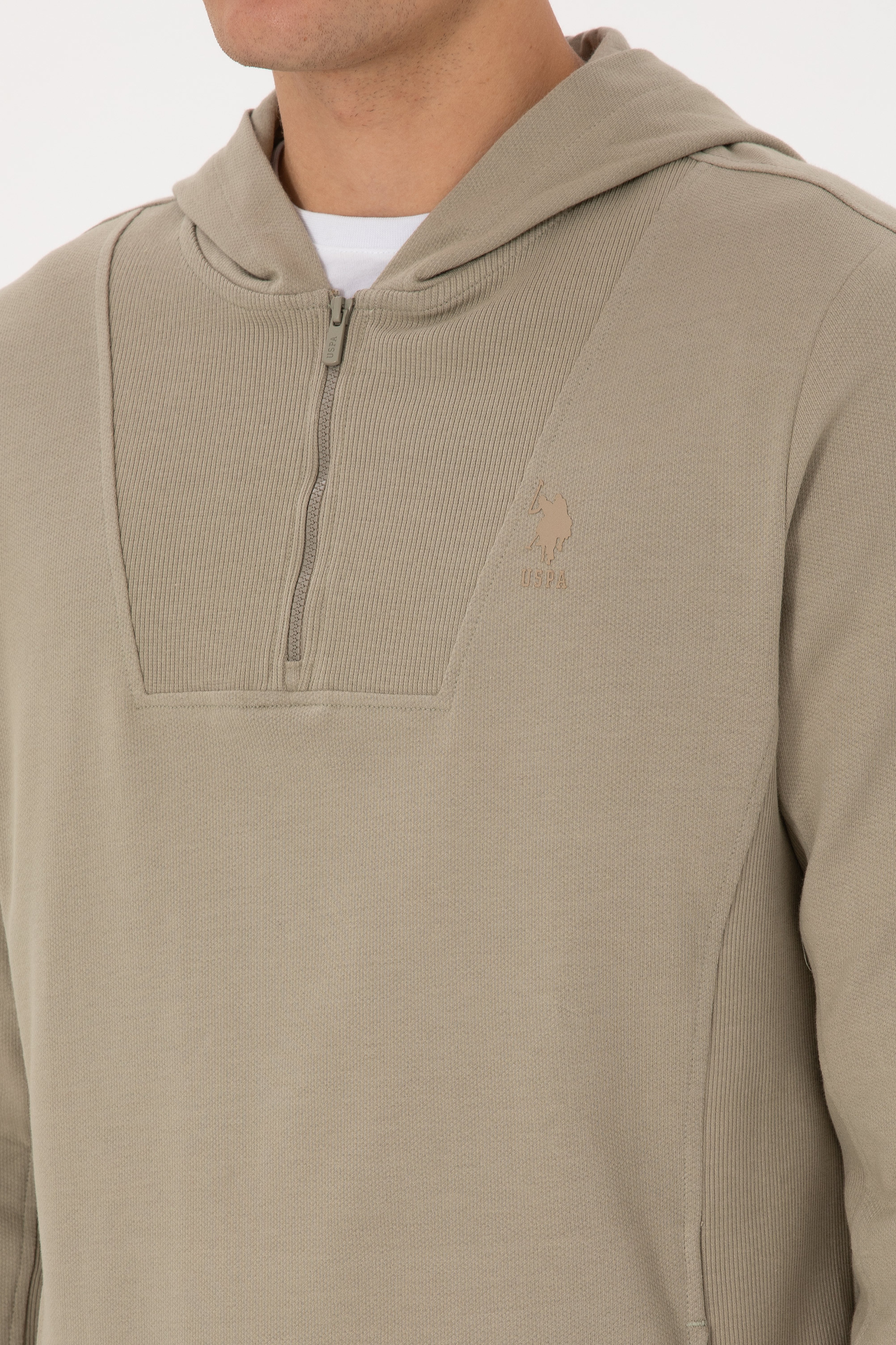 Erkek Regular Fit Yarım Fermuarlı Kapüşonlu Açık Haki Sweatshirt - Image 7