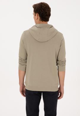 Erkek Regular Fit Yarım Fermuarlı Kapüşonlu Açık Haki Sweatshirt - 50316391016