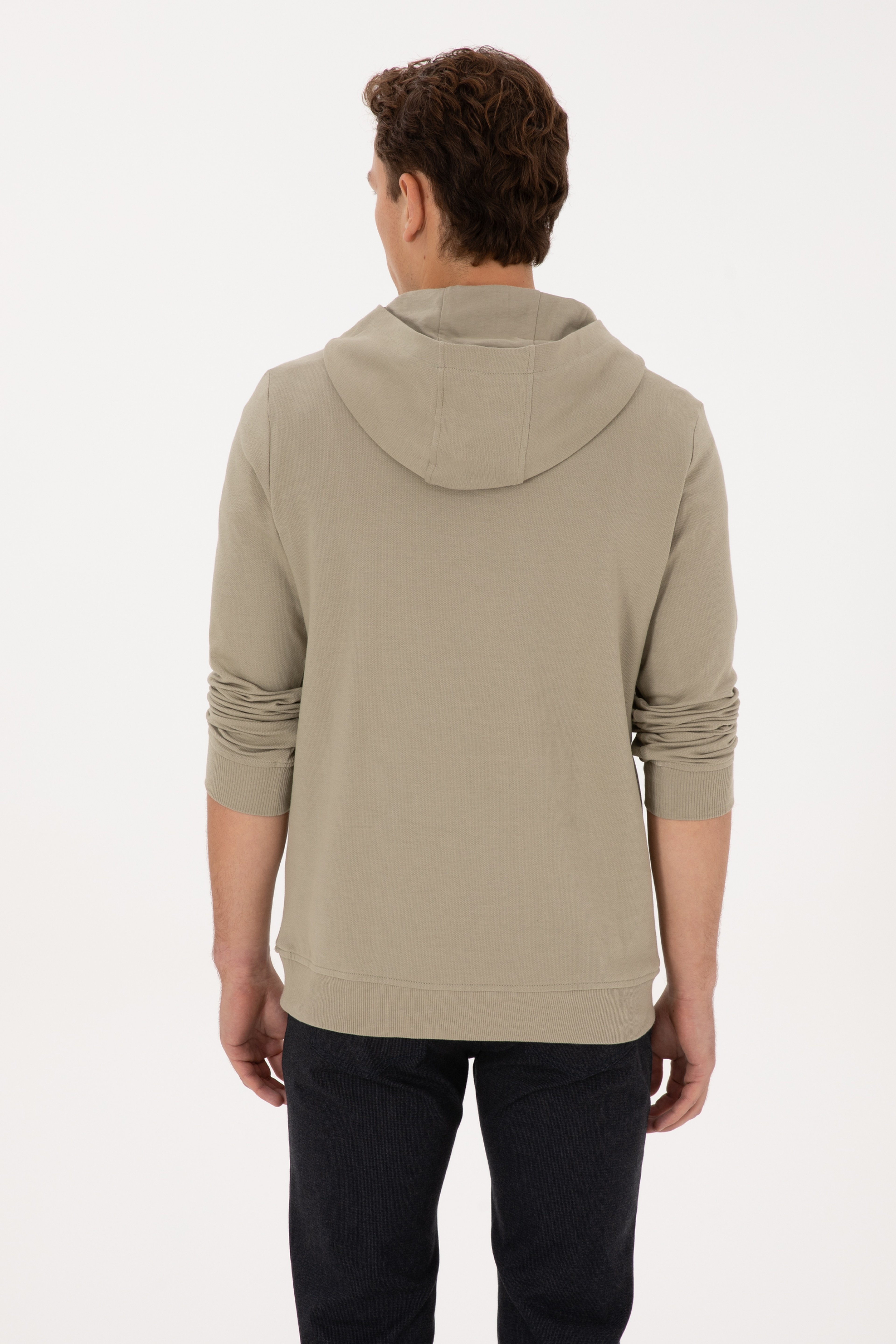Erkek Regular Fit Yarım Fermuarlı Kapüşonlu Açık Haki Sweatshirt - Image 5