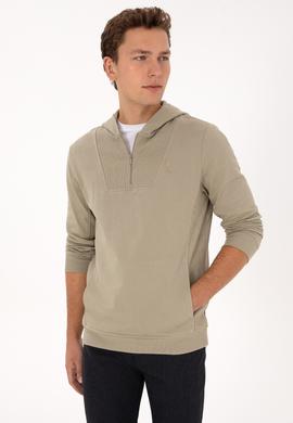 Erkek Regular Fit Yarım Fermuarlı Kapüşonlu Açık Haki Sweatshirt - 50316391016