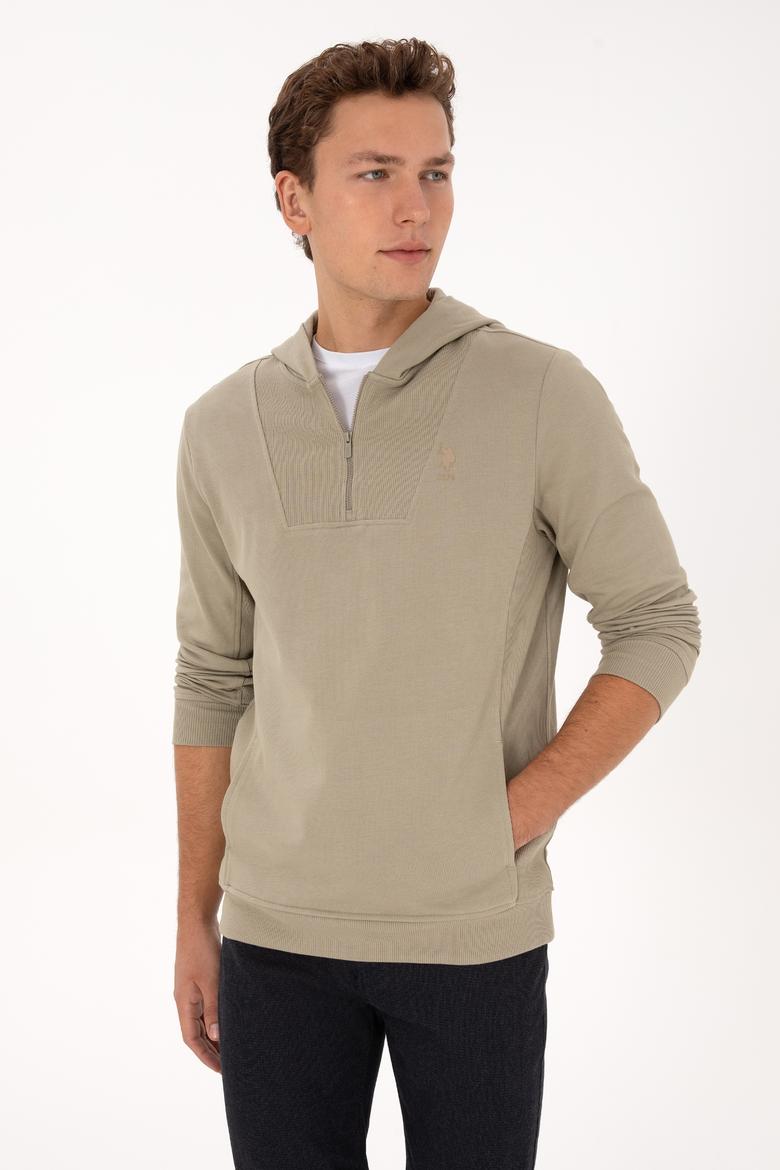 Erkek Regular Fit Yarım Fermuarlı Kapüşonlu Açık Haki Sweatshirt