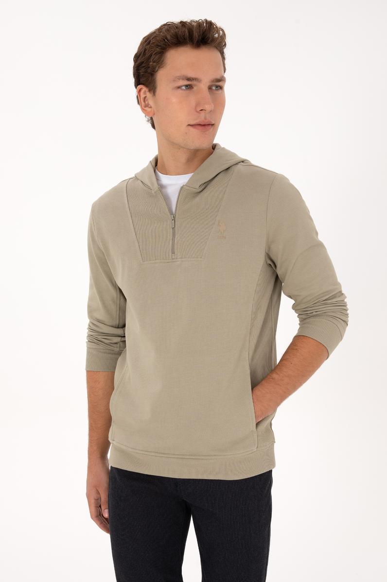 Erkek Regular Fit Yarım Fermuarlı Kapüşonlu Açık Haki Sweatshirt