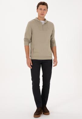 Erkek Regular Fit Yarım Fermuarlı Kapüşonlu Açık Haki Sweatshirt - 50316391016