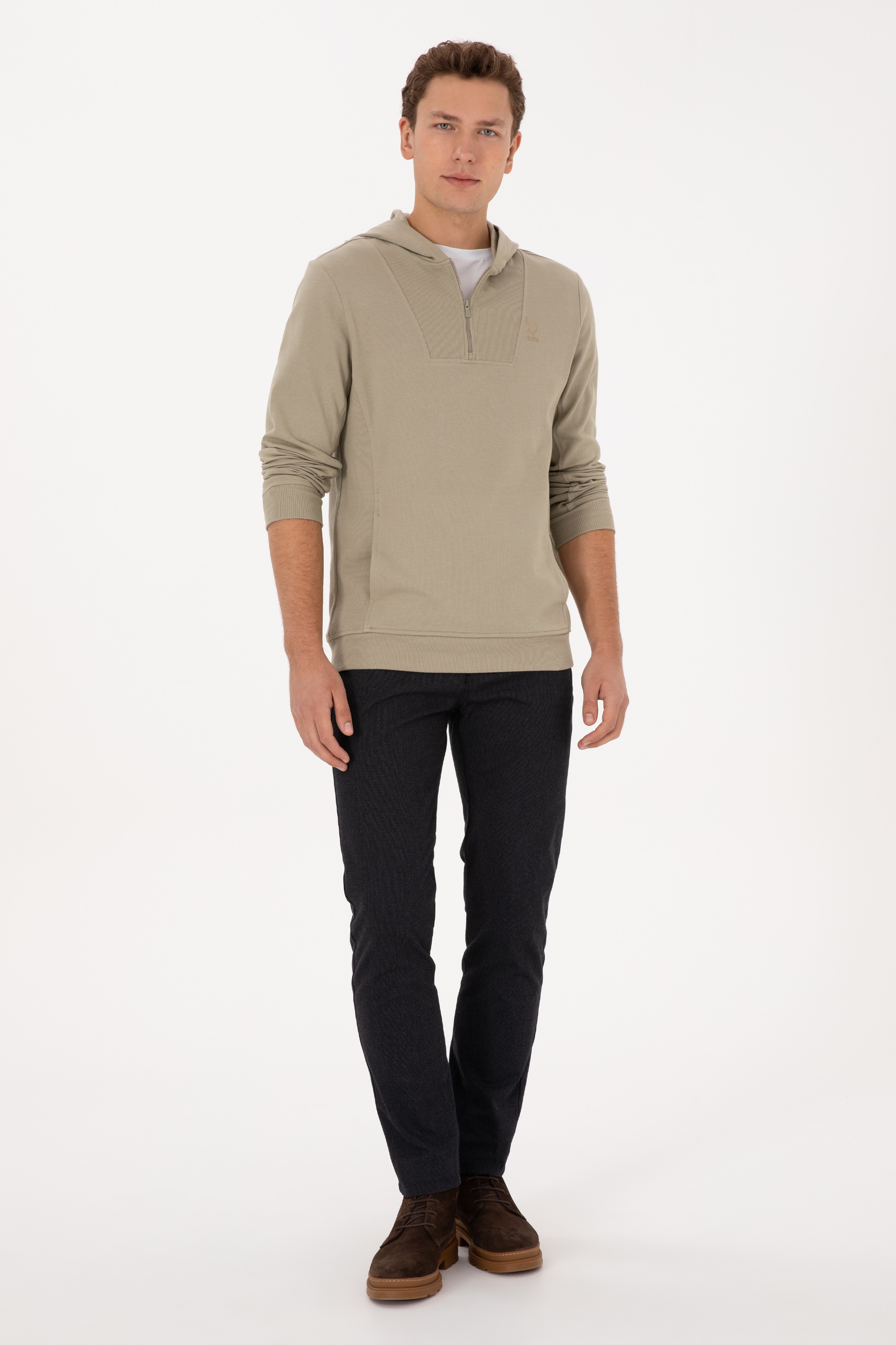 Erkek Regular Fit Yarım Fermuarlı Kapüşonlu Açık Haki Sweatshirt