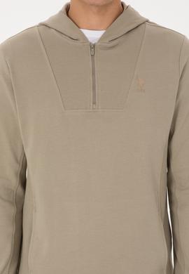 Erkek Regular Fit Yarım Fermuarlı Kapüşonlu Açık Haki Sweatshirt - 50316391016