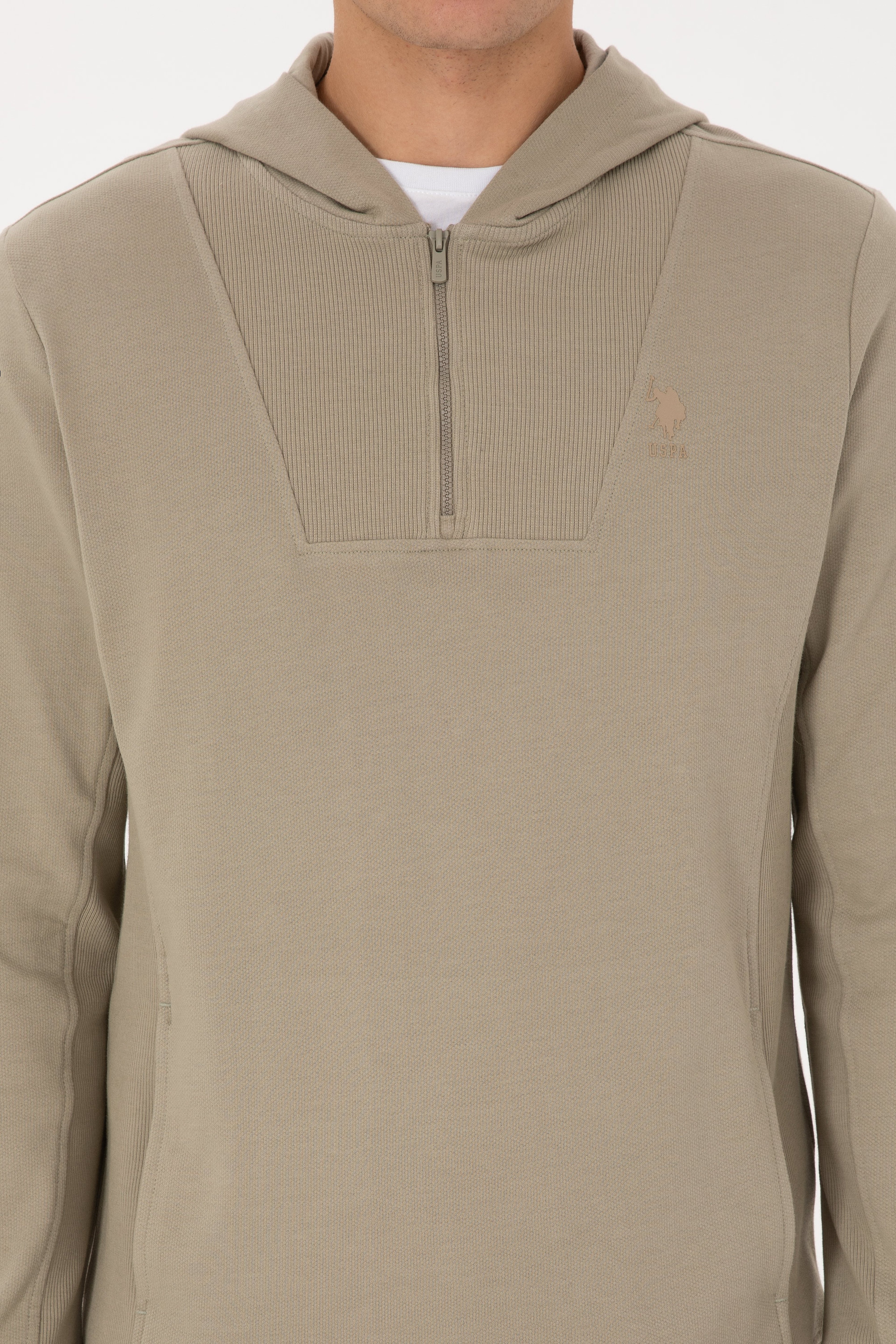 Erkek Regular Fit Yarım Fermuarlı Kapüşonlu Açık Haki Sweatshirt