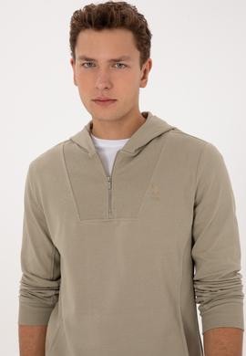 Erkek Regular Fit Yarım Fermuarlı Kapüşonlu Açık Haki Sweatshirt - 50316391016
