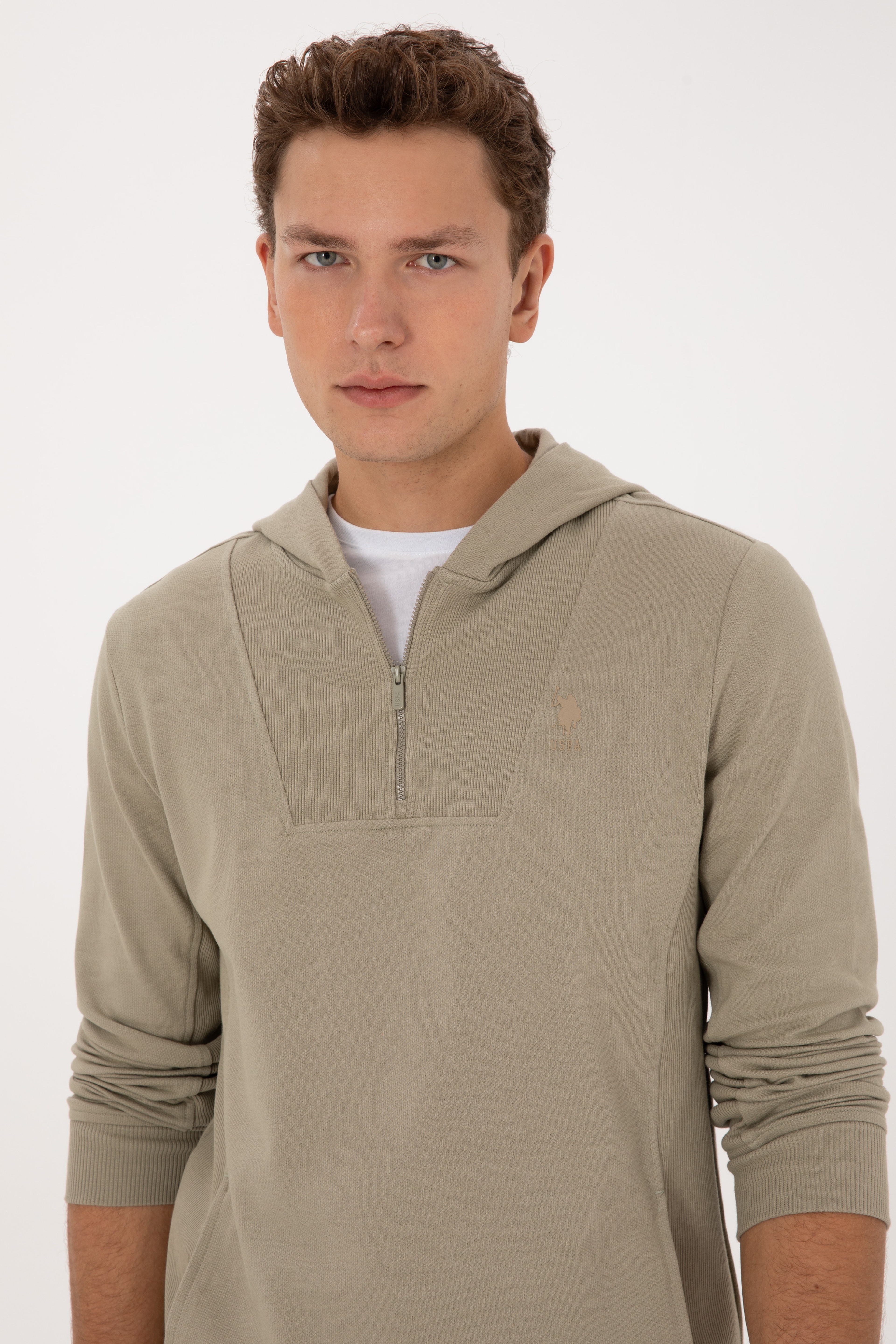 Erkek Regular Fit Yarım Fermuarlı Kapüşonlu Açık Haki Sweatshirt - Image 2