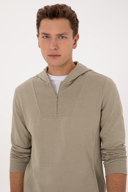 Erkek Regular Fit Yarım Fermuarlı Kapüşonlu Açık Haki Sweatshirt