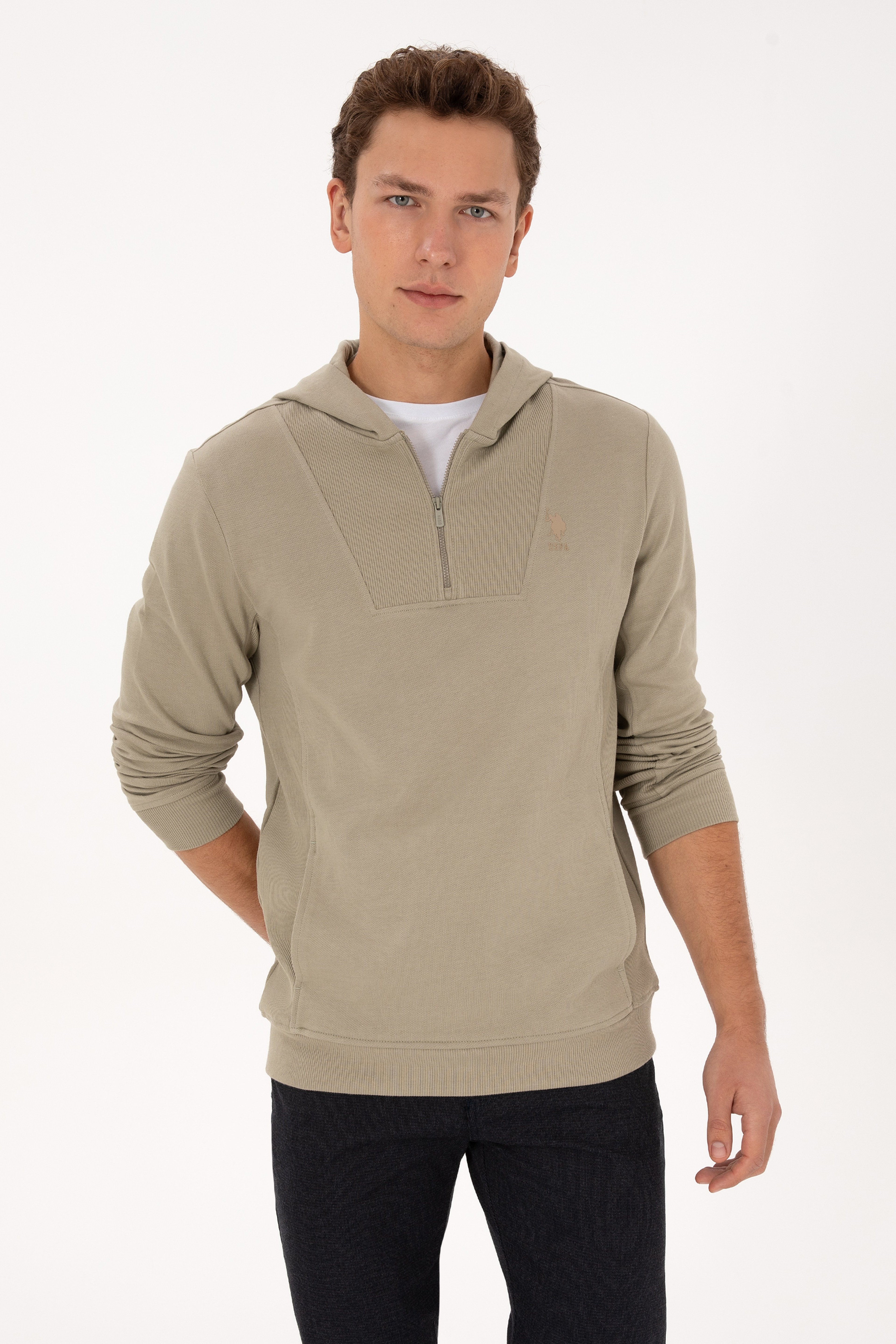 Erkek Regular Fit Yarım Fermuarlı Kapüşonlu Açık Haki Sweatshirt - Image 3