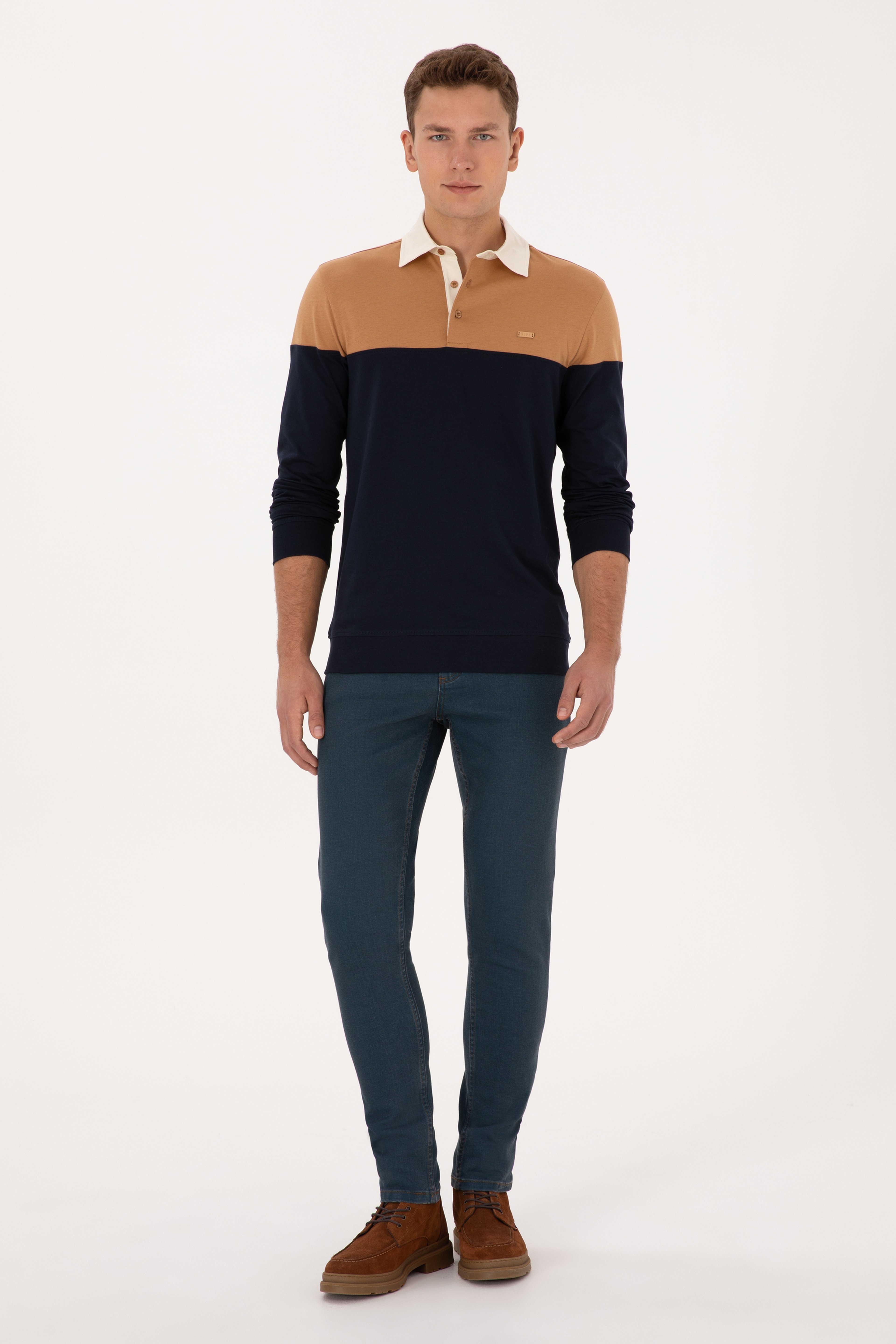 Erkek Regular Fit Polo Yaka Camel Sweatshirt